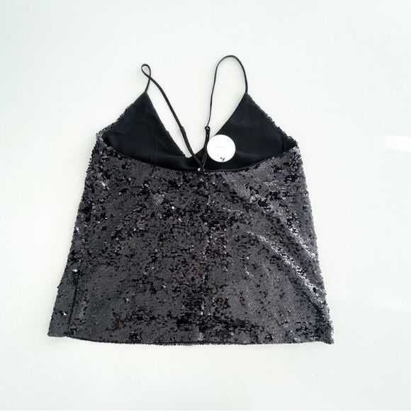 En Creme Strappy Black Sequined Tank Top Women's S Spaghetti Straps Lined NWT - Picture 2 of 7